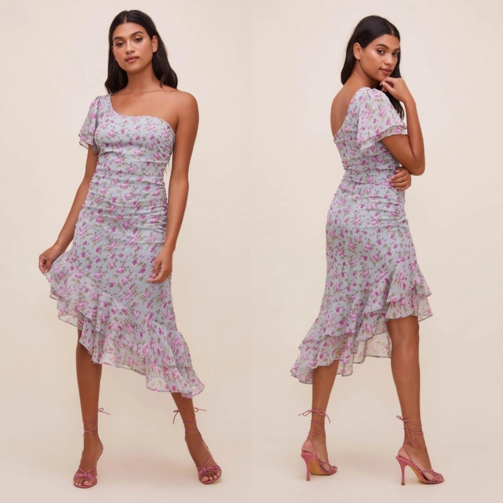 NEW ASTR Women's One-Shoulder Chiffon Floral Dress Size M Green Pink